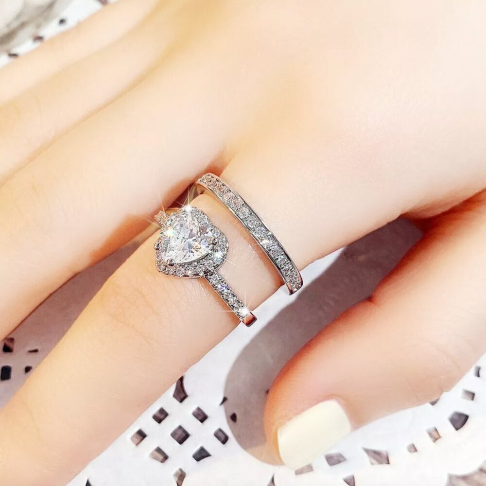 NEW 925 Sterling Silver Diamond Heart Ring Band Set of 2 DIamond Rings - Picture 6 of 6
